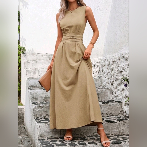 New Textured Cotton High Neck Wrap Tie Waist Maxi Dress Tan Camel Beige - Picture 3 of 9